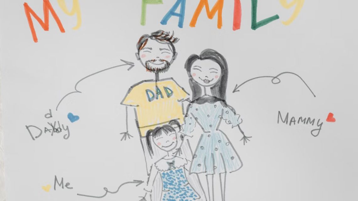 Colorful child's drawing of a smiling family on paper with cute annotations.