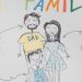 Colorful child's drawing of a smiling family on paper with cute annotations.