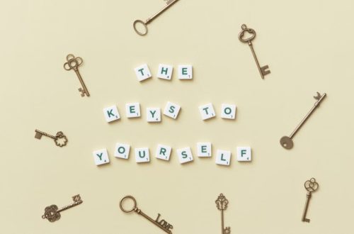 Motivational message with antique keys and letter blocks on yellow background.